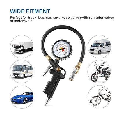 CZC AUTO Tire Inflator Deflator Air Pressure Gauge with Rubber Hose, 2-1/2" Dial Wheel Inflator Gage with Straight Brass Lock-on Chuck Compatible with Air Pump Compressor for RV Car Motorcycle Bike