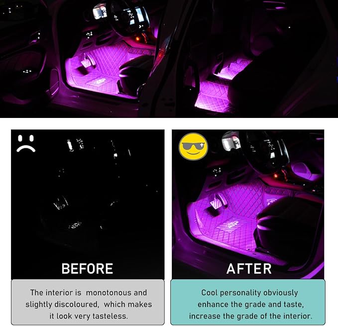 Yourkar Car LED Strip Light, 24 LED Interior Under Dash Atmosphere Lights with Cigarette Lighter, Vehicle Decor Lamp Ambient Night Light Strip Lighting, Universal Car Accessories (Pink Purple)