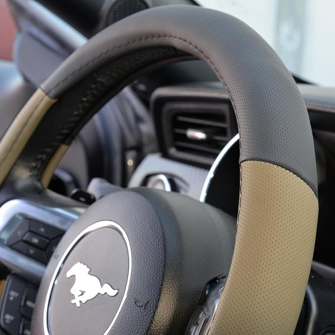 BDK Two Tone Perforated PU Leather Steering Wheel Cover for Car Van SUV Truck, 14.5 to 15 inch, Standard, Beige