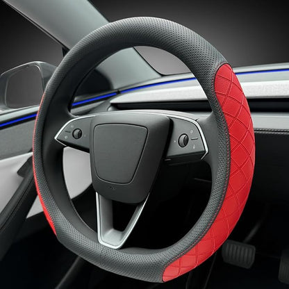 LKWLIKEI Leather Steering Wheel Cover. Elegant Diamond Checkered Design, Non-Slip and Breathable, for Tesla Model 3/Y Steering Wheel Protector,Black Red