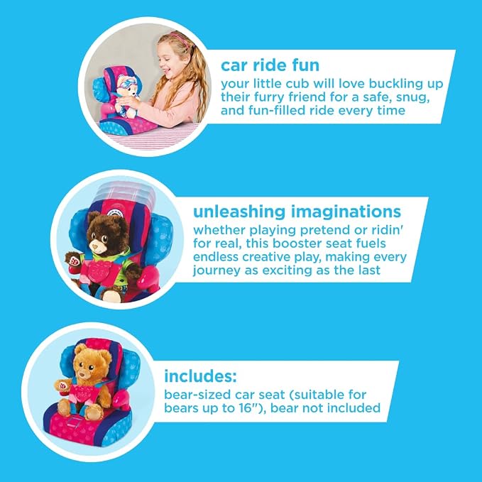 Casdon Build-A-Bear Workshop Furry Friend Toy Car Booster Seat | for Kids Aged 3+ | Use at Home or in Car | Adjustable Headrest & Seatbelt Lock | Fits Cuddly Toys | Bear Not Included