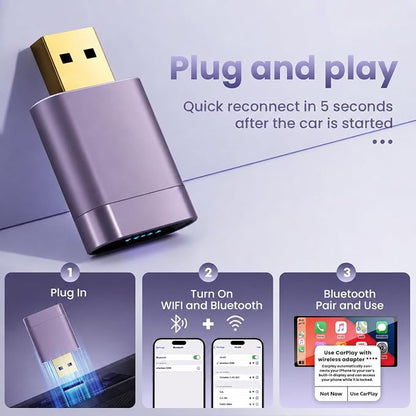 Mini Wireless CarPlay Adapter for Apple & Android Auto, Easy to Use Bluetooth Dongle with Fast Stable Connection, Converts Wired to Wireless Car Play Adapter, for Cars from 2016 with USB-A/C