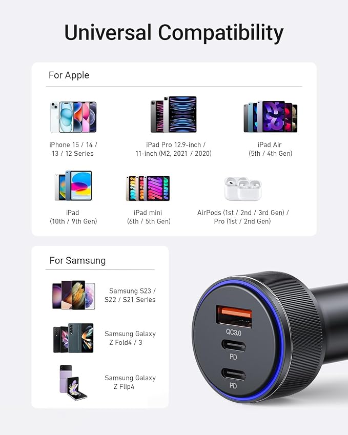 Car Charger for iPhone 17/17 Pro Max USB C Fast Charger,2Pack 90W 3-Port Charger Adapter for iPhone 16/16 Plus/16 Pro/16 Pro Max/15/14/Pro Max/AirPods4/ iPad Pro/Mini, (USB C to C Cable)