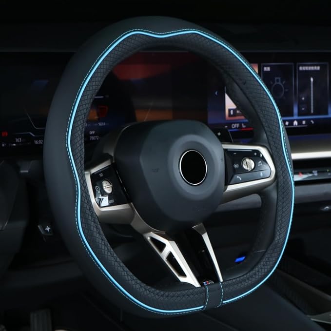 Mayco Bell Flat Bottom Steering Wheel Cover Anti-Slip,Safety,Soft,Breathable,Durable,Full Surround,Comfortable Grip Microfiber Leather (D-Shape, Black Blue)