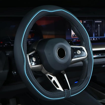 Mayco Bell Flat Bottom Steering Wheel Cover Anti-Slip,Safety,Soft,Breathable,Durable,Full Surround,Comfortable Grip Microfiber Leather (D-Shape, Black Blue)