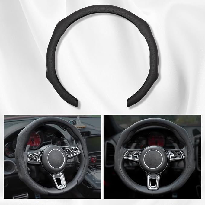 Nappa Leather Car Steering Wheel Cover Non Slip Vehicle Steering Wheel Cover Trim Protector, Quick Install Comfy Automotive Interior Decor, Universal fit 14½ to 15 inches Car Pickup SUV