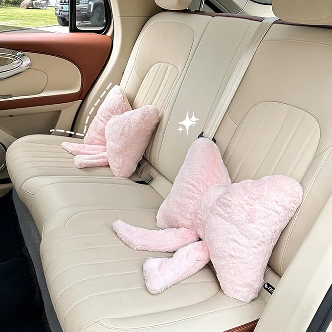LYFJMUS 4 Pack Plush Bow Car Headrest Pillow and Lumbar Support Pillow Soft Butterfly Car Neck Pillows for Driving Cars Decor (Pink)