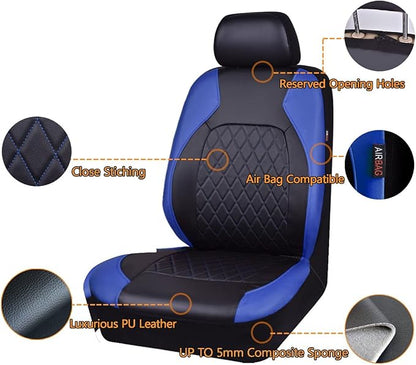 Universal Deluxe Pu Luxury Vinyl Faux Leather Car Seat Covers Two Front 6 Pieces Airbag Compatible Fit for Cars SUV Vehicles (Black and Blue)