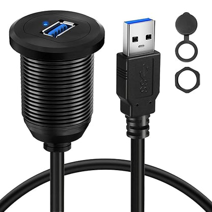 Alloy Single Port USB 3.0 Dashboard Port Car Mount Flush Cable, Male to Female Waterproof Extension Cable for Car Truck Boat Motorcycle with LED Indicator 1ft