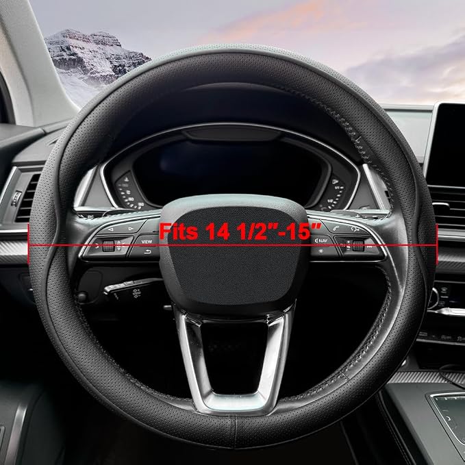 HAOTULE Leather Steering Wheel Cover， with Anti-Slip Stripe Design - Enhanced Grip, Fashion Style, Safe, Non-Slip, Breathable. Upgrade car Interior，Black