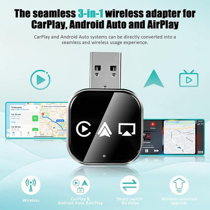 Ciieeo 3 in 1 Wireless CarPlay Adapter for Apple CarPlay & Android Auto, Screen Mirroring Adapter for Car, Wired to Wireless CarPlay Dongle, Auto Connect USB Mini Car Screen Adapter Black 2026