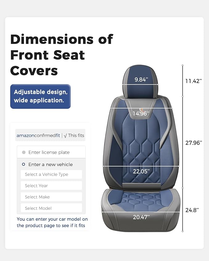 Huidasource Seat Covers Full Set, Universal Fit for Most Cars SUVs Trucks, Full Coverage Leather Seat Cover, Airbag, Cupholder Compatible, Seat Function Retain, Easy Install with Velcro, Gray&Blue