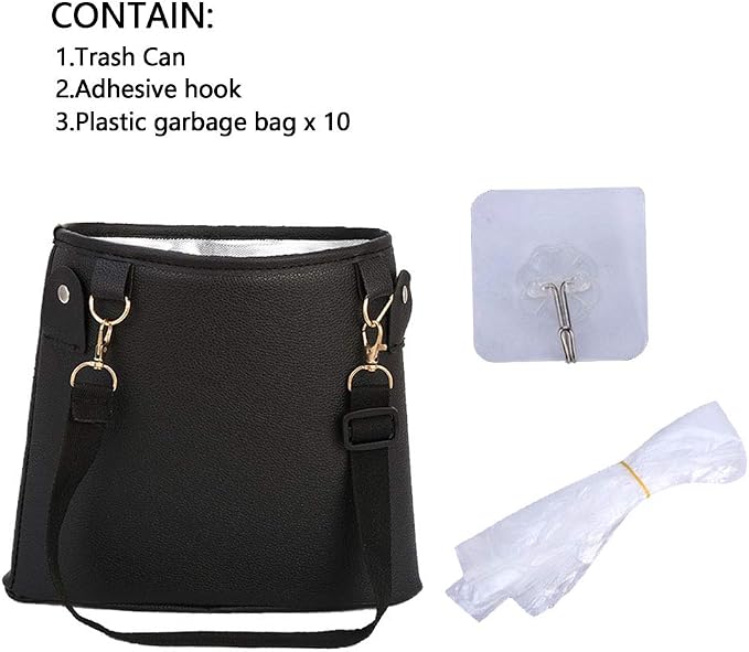 HerMia Hanging Car Trash Can Bin, Garbage Can PU Leather, Waterproof Litter Auto Trash Can for Travelling, Outdoor, and Vehicle (Black)
