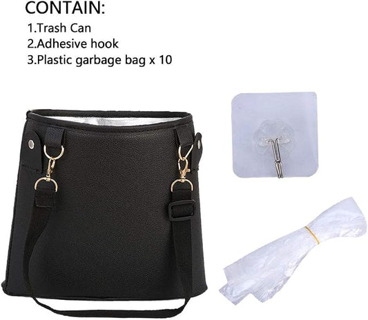 HerMia Hanging Car Trash Can Bin, Garbage Can PU Leather, Waterproof Litter Auto Trash Can for Travelling, Outdoor, and Vehicle (Black)