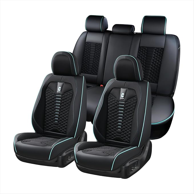 Coverado Car Seat Covers Full Set, 5 Seats Universal Seat Covers for Cars, Breathable Fabric Faux Leather Auto Seat Cushions, Front and Rear Seat Protectors Fit for Most Sedans SUV Truck, Black&Blue