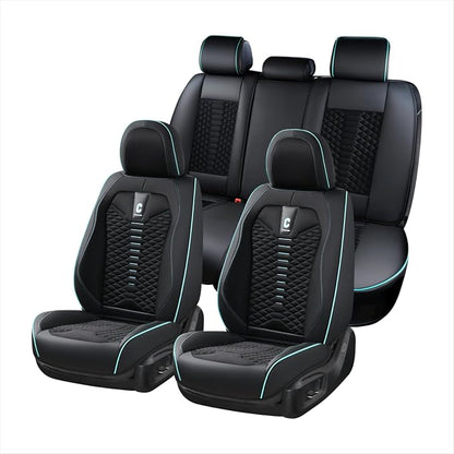 Coverado Car Seat Covers Full Set, 5 Seats Universal Seat Covers for Cars, Breathable Fabric Faux Leather Auto Seat Cushions, Front and Rear Seat Protectors Fit for Most Sedans SUV Truck, Black&Blue