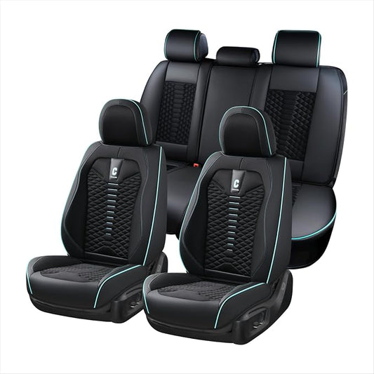 Coverado Car Seat Covers Full Set, 5 Seats Universal Seat Covers for Cars, Breathable Fabric Faux Leather Auto Seat Cushions, Front and Rear Seat Protectors Fit for Most Sedans SUV Truck, Black&Blue