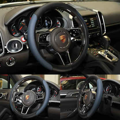 Steering Wheel Cover, Microfiber Leather Splicing with Classic Embossing,Contrasting Colors Anti-Slip Breathable Auto Car Steering Wheel Cover Fit 15 Inch Car Wheel Protector (Black&Blue)