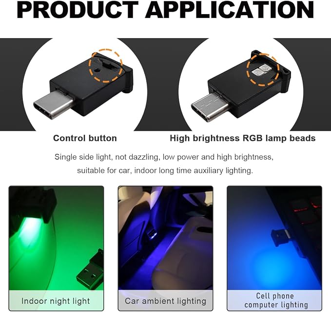 Wevdn USB Type C LED Ambient Light, Adjustable Brightness 8 Color RGB LED Interior Lighting, Mini USB Night Atmosphere Lamp for Car Home Decoration, Universal Car Interior Accessories
