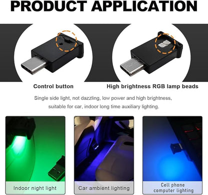 Wevdn USB Type C LED Ambient Light, Adjustable Brightness 8 Color RGB LED Interior Lighting, Mini USB Night Atmosphere Lamp for Car Home Decoration, Universal Car Interior Accessories