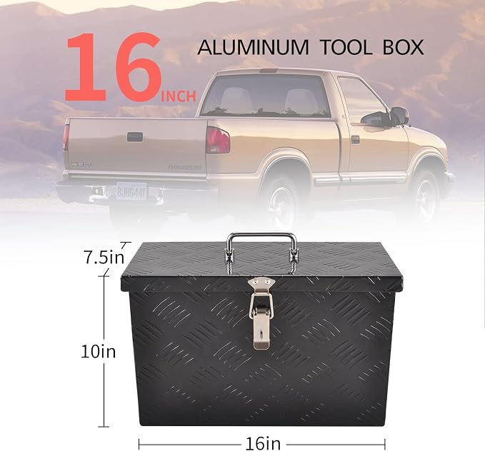 16" Aluminum Truck Bed Tool Box 5 Bar Tread Pick Up Truck Bed RV Storage Organizer with Top Handle Waterproof Lock and Keys - Black(16"x7.5"x10")