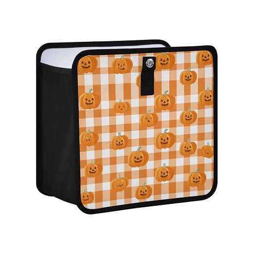 Car Trash Can Organizer Bin with Adjustable Strap for Back Front Seat Console Waterproof Leakproof Collapsible Portable 11 Inch Halloween Orange Plaid Pumpkin Heads