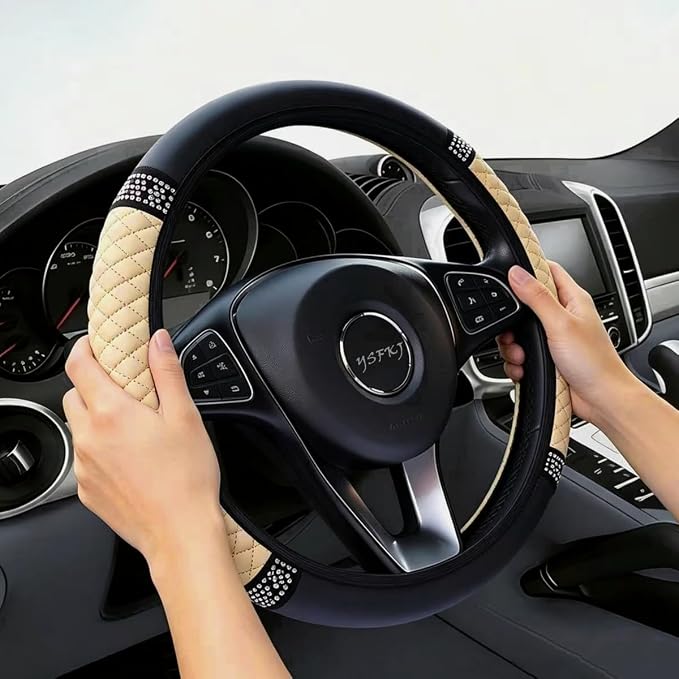 Soft Leather Car Steering Wheel Cover, Universal 15 Inch Colorful Rhinestones Anti-Slip Elastic Steering Wheel Covers for Most Cars, Sparkly Crystal Diamond for Women Girls (Beige)