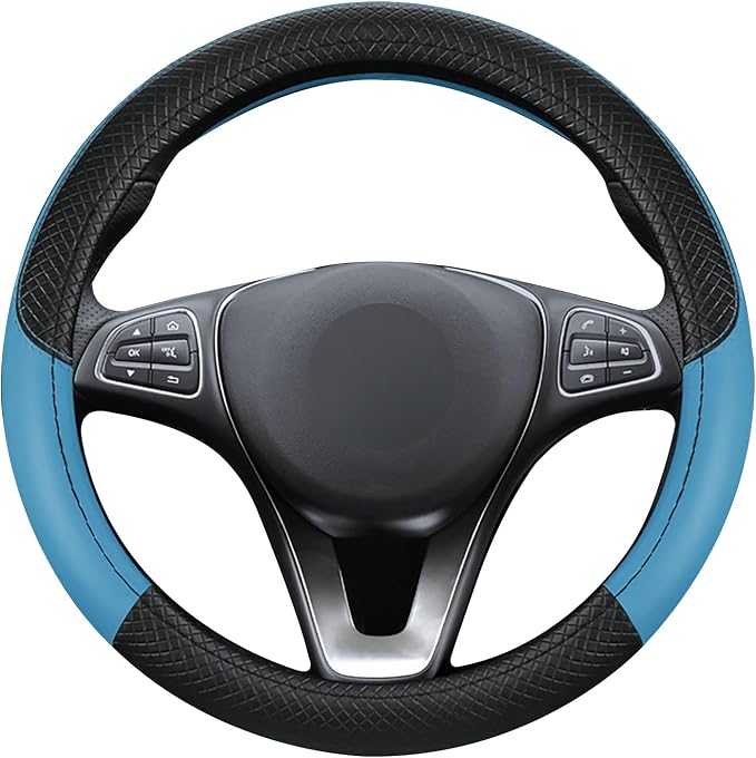 Leather Patchwork Black Blue Steering Wheel Cover, 14.5-15 Inch Non-Slip Breathable Microfiber Car Steering Wheel Protector