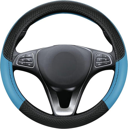 Leather Patchwork Black Blue Steering Wheel Cover, 14.5-15 Inch Non-Slip Breathable Microfiber Car Steering Wheel Protector