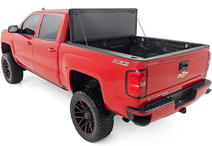 Rough Country Hard Tri-Fold Truck Bed Tonneau Cover for Chevy Silverado & GMC 1500/2500HD/3500HD (2014-2019) - Aluminum Flip-Up Bed Cover, Fits 6'7 (78.8-78.9") Bed w/Rail Caps