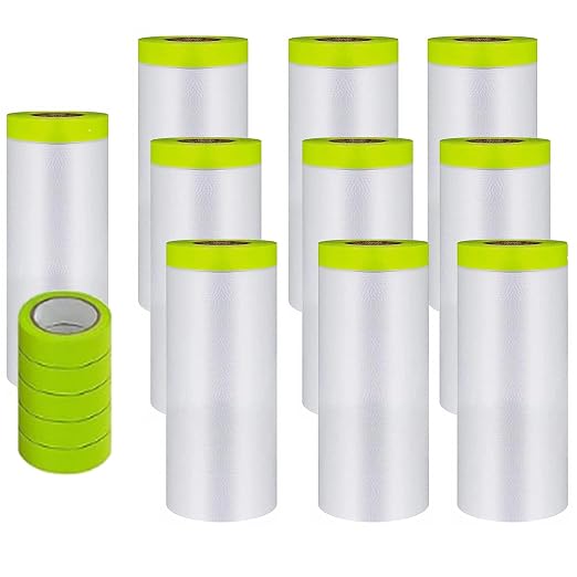 Painters Plastic with Tape, Tape and Drape, 10 Rolls Automotive Painters Tape and Plastic Film, Paint Plastic Covering Roll for Covering Skirting, Frames, Cars and Auto Body (55in X 65-Feet)