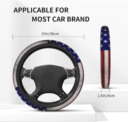 American Flag Steering Wheel Cover + 2 Pieces USA Car Coasters | Anti-Slip Breathable Universal for 14.5-15.5 Inch Car Suitable for Men Women