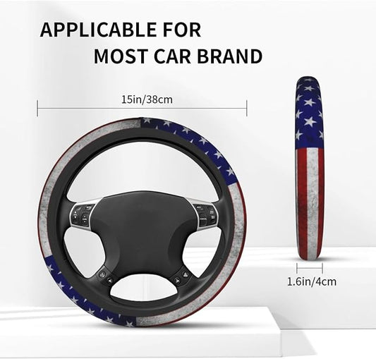 American Flag Steering Wheel Cover + 2 Pieces USA Car Coasters | Anti-Slip Breathable Universal for 14.5-15.5 Inch Car Suitable for Men Women