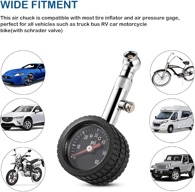 CZC AUTO Heavy Duty Tire Pressure Gauge, ANSI B40.1 Accurate Mechanical Air Gage, Chrome Plated Brass Stem Rotating Single Chuck Dial Wheel Pressure Tester for Motorcycle Bike Car RV Bicycle, 0-60PSI