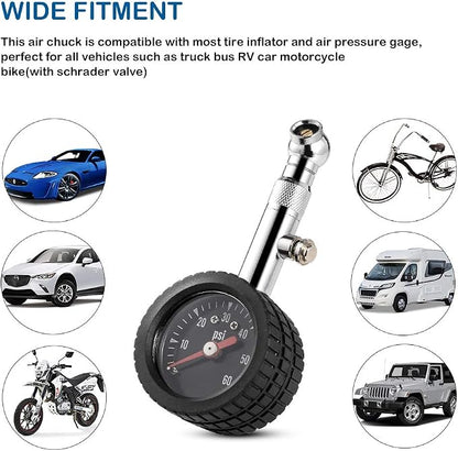 CZC AUTO Heavy Duty Tire Pressure Gauge, ANSI B40.1 Accurate Mechanical Air Gage, Chrome Plated Brass Stem Rotating Single Chuck Dial Wheel Pressure Tester for Motorcycle Bike Car RV Bicycle, 0-60PSI