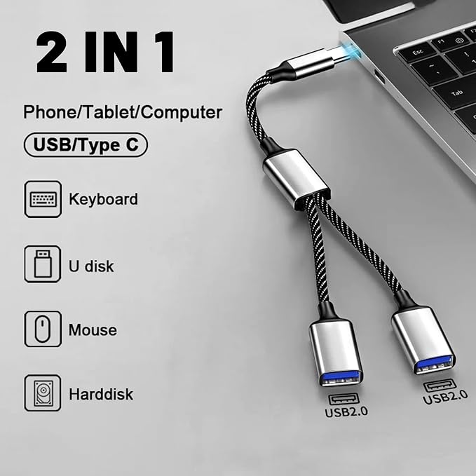 REYTID USB C Hub, Dual USB 2.0 Port Expander - Type C Male to 2 USB A Female Y Splitter Adapter with Aluminum Shell, 5V/2A Charging for Laptop/Tablet/Phone/Flash Drive/CarPlay