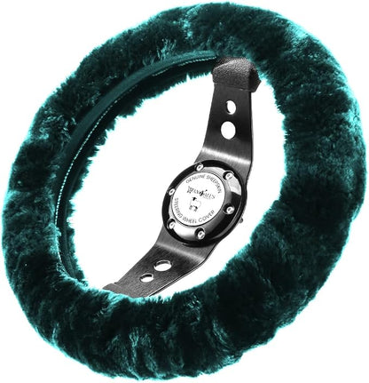Andalus Brands Luxury Fluffy Car Steering Wheel Covers – Genuine Merino Sheepskin, Soft Fuzzy Car Steering Wheel Cover for Women, Universal 14.5-15" Size, Plush Fur Cute Auto Accessories, Alpine Green