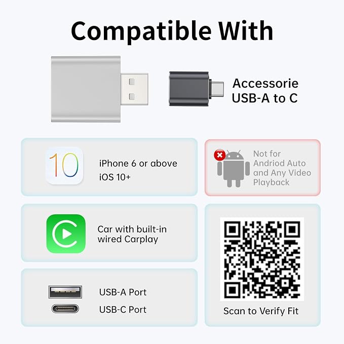 Wireless CarPlay Adapter for iPhone - Stable Connection Plug & Play Convert Wired to Wireless for iOS 10+ and Cars from 2016 USB A/USB C