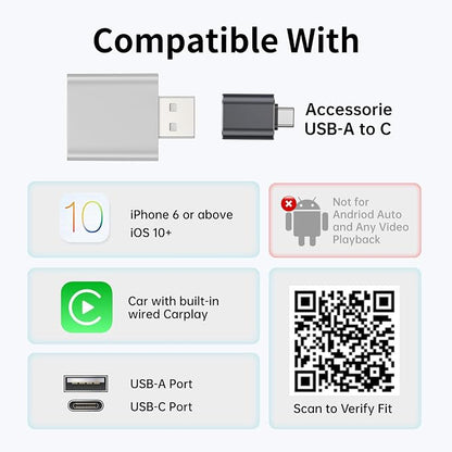 Wireless CarPlay Adapter for iPhone - Stable Connection Plug & Play Convert Wired to Wireless for iOS 10+ and Cars from 2016 USB A/USB C