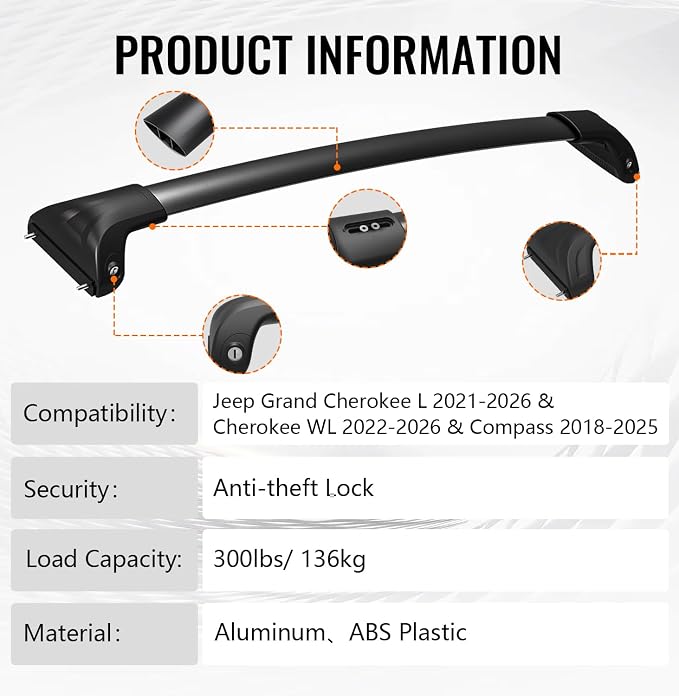 300lbs Roof Rack Cross Bars Compatible with 2021-2026 Jeep Grand Cherokee L 3-Row & 2022-2026 Grand Cherokee WL 2-Row, Aluminum Lockable Roof Rails Crossbar for Rooftop Cargo Kayak Snowboard