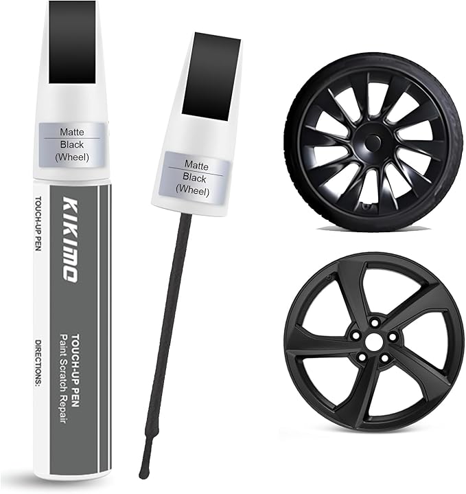 KIKIMO Matte Black Rim Touch Up Paint for Tesla Model Y 20'' Induction Wheel/19’’ Crossflow Wheel, 2 In 1 Wheel Scratches Repair with Pen Tip and Brush, Curb Rash Repair with Color-Matched for Quick & Easy Fix