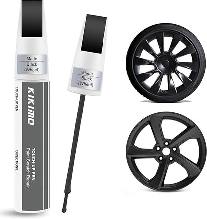 KIKIMO Matte Black Rim Touch Up Paint for Tesla Model Y 20'' Induction Wheel/19’’ Crossflow Wheel, 2 In 1 Wheel Scratches Repair with Pen Tip and Brush, Curb Rash Repair with Color-Matched for Quick & Easy Fix