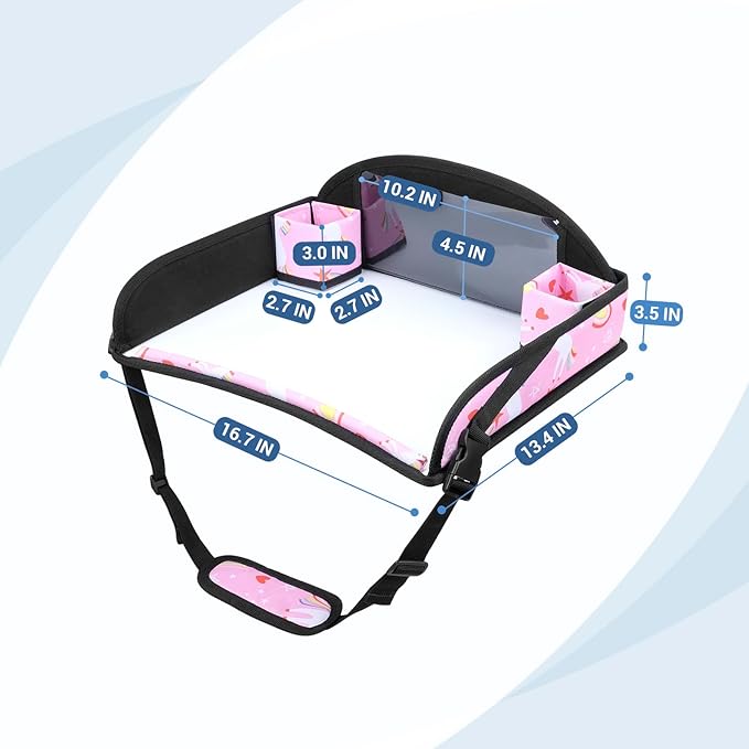 COOLBEBE Kids Travel Tray for Toddler Car Seat, Portable Car Seat Lap Tray with 2 Cup Holders, Pink Unicorn Design for Airplane, Road Trip Activities