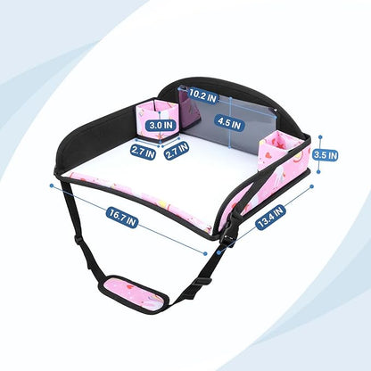 COOLBEBE Kids Travel Tray for Toddler Car Seat, Portable Car Seat Lap Tray with 2 Cup Holders, Pink Unicorn Design for Airplane, Road Trip Activities