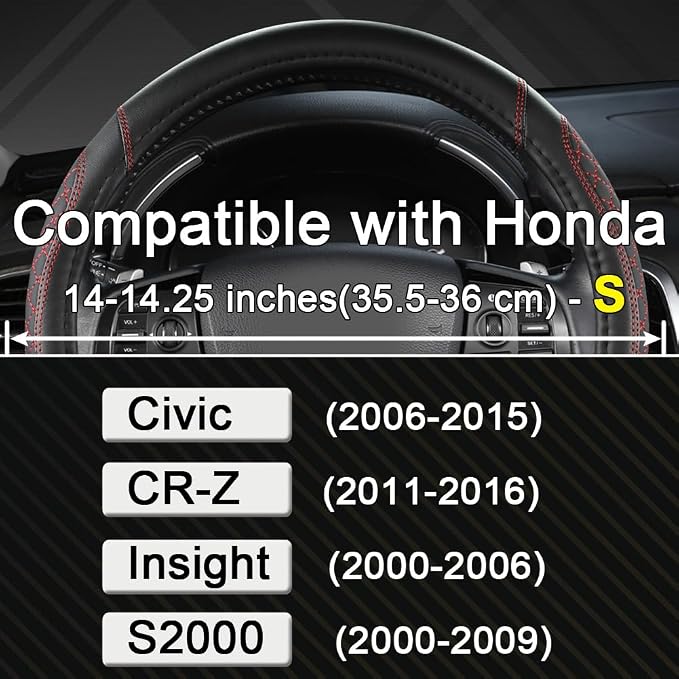 West Llama Customized Auto Car Steering Wheel Cover for Honda Civic, CR-Z, Insight, S2000, 14" - 14.25" (Diamond Quilted-Black+Red-Small Size)