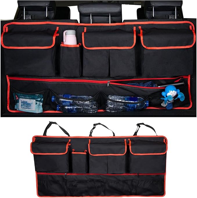 Mandark Car Trunk Organizer, Super Capacity Vehicle Hanging Backseat Cargo Storage Bag with Robust Elastic Net, Detachable Auto Seat Back Organizing Bag, Universal for SUV, Truck, RV（Black/Red）