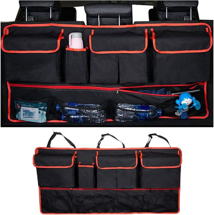 Mandark Car Trunk Organizer, Super Capacity Vehicle Hanging Backseat Cargo Storage Bag with Robust Elastic Net, Detachable Auto Seat Back Organizing Bag, Universal for SUV, Truck, RV（Black/Red）