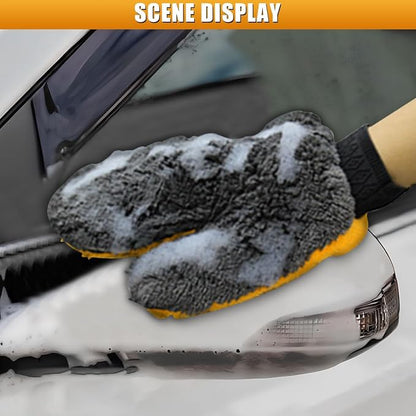 2PCS Car Wash Mitt, Coral Fleece Microfiber Dusting Mitt with Thumb, No Scratch No Lint Cleaning Glove with Elastic Wrist Cuff, Reusable Car Washing and Detailing Supplies (Thumb)