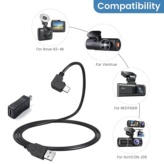 Dash Cam USB C Cable for REDTIGER F7N, 11.5 ft Power Cord for Rove R2-4K Camera, with Mini USB Adapter