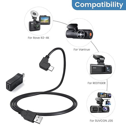 Dash Cam USB C Cable for REDTIGER F7N, 11.5 ft Power Cord for Rove R2-4K Camera, with Mini USB Adapter